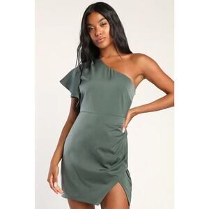Lulu’s Be The One Dark Sage Satin One-Shoulder Faux Wrap Mini Dress size XL